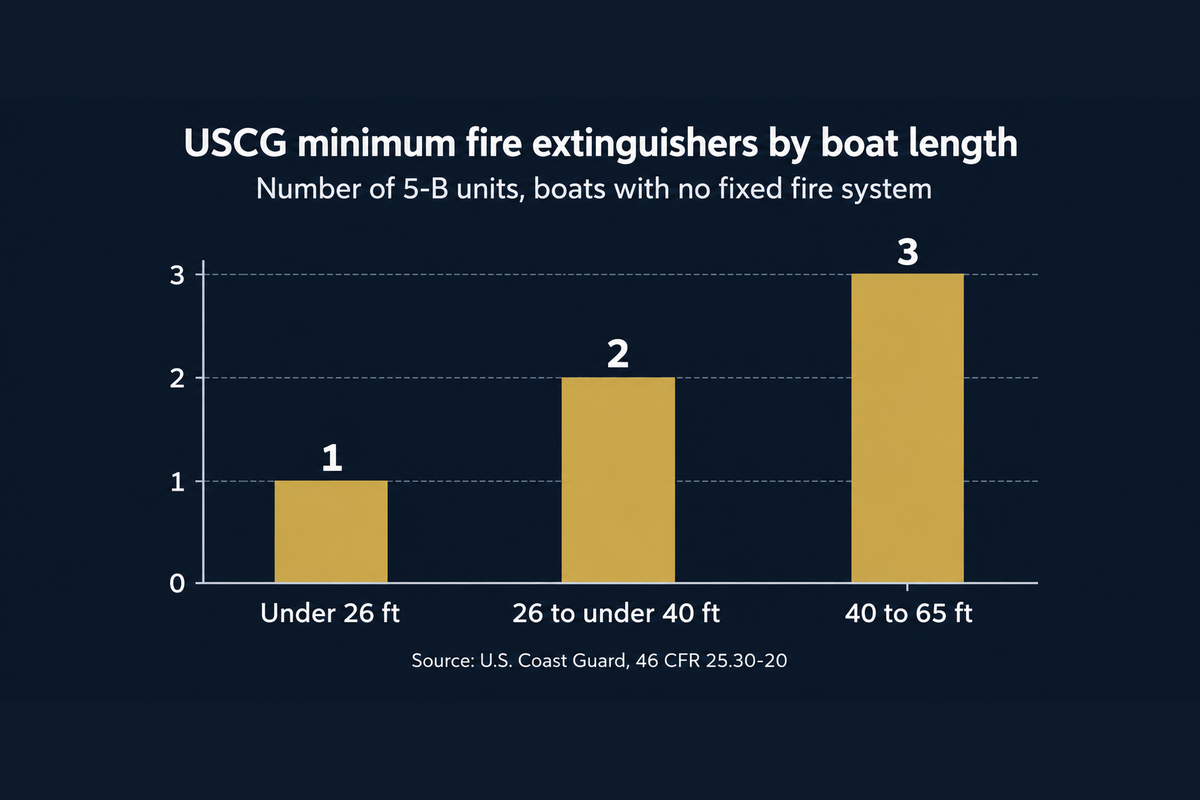 Bar chart of USCG minimum fire extinguishers for boats with no fixed fire system: one 5-B under 26 ft, two 5-B from 26 to under 40 ft, three 5-B from 40 to 65 ft